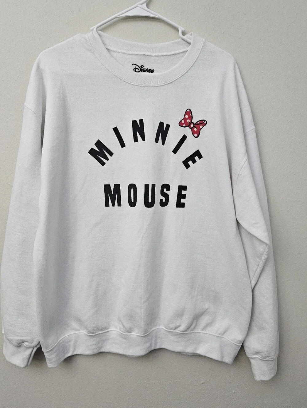 Disney White Minnie Mouse Crewneck Sweatshirt with Pink Bow Size L